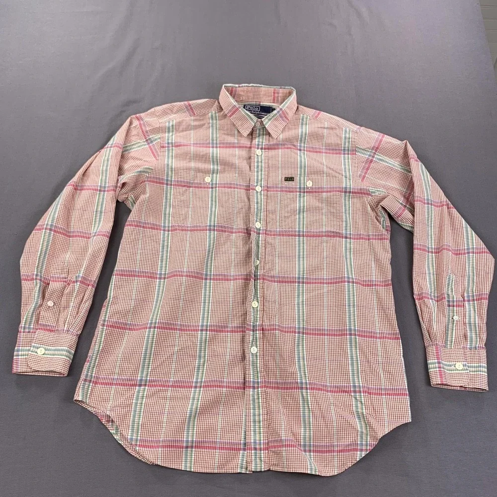VTG Polo Ralph Lauren Shirt Men LG Pink Madras Plaid Button Down Long Sleeve 90s